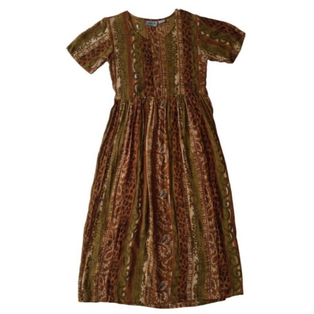 Vintage Select Brown and Green Beaded Floral Animal Print Dress Women's Medium